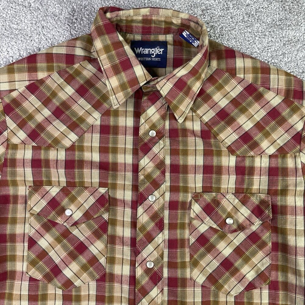 Wrangler Western Shirt Men’s Medium Red Plaid Pearl Snap Short Sleeve Cowboy
